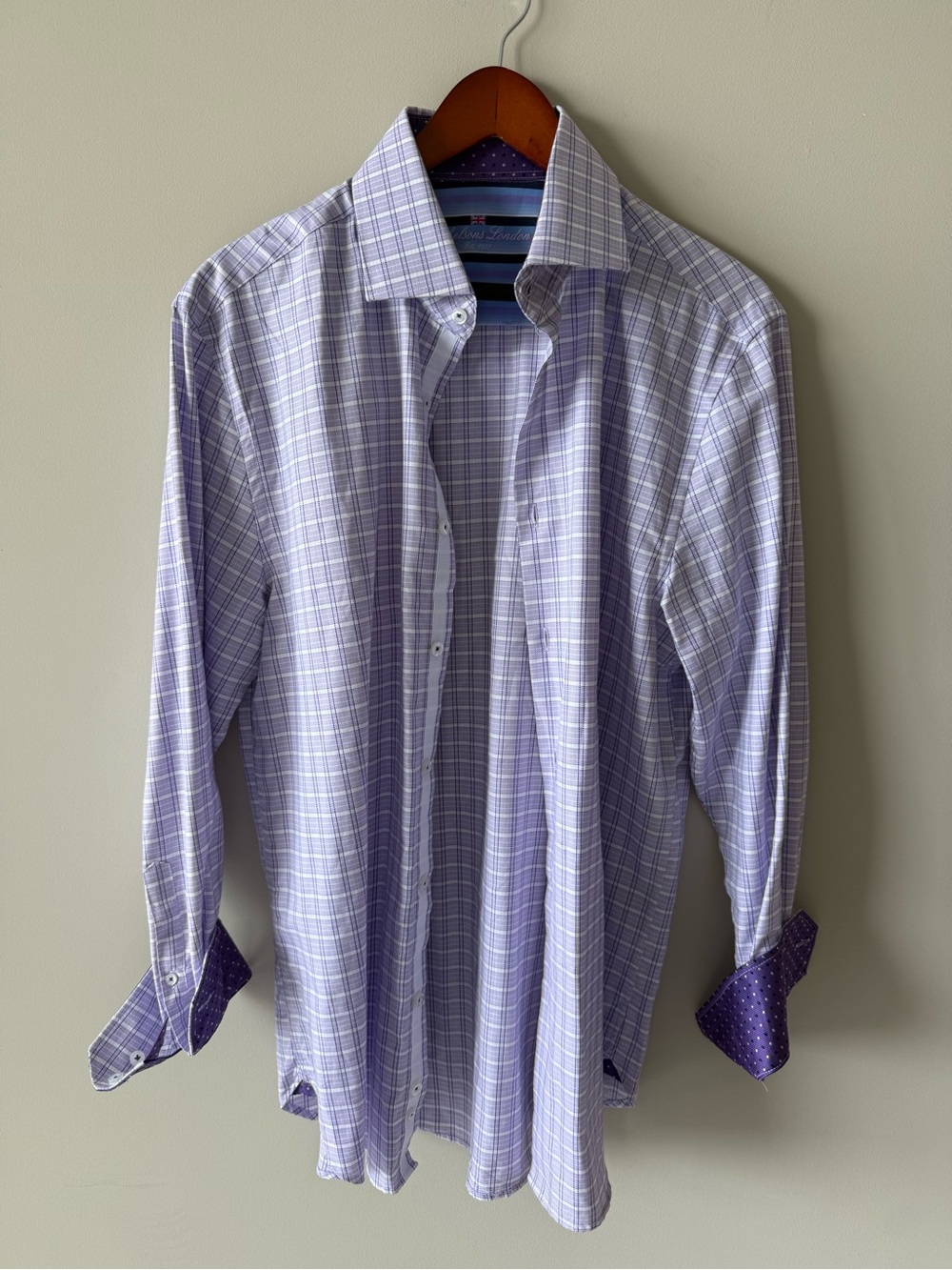 Michelsons Men's Lavender Check Dress Shirt with Contrast Cuffs medium